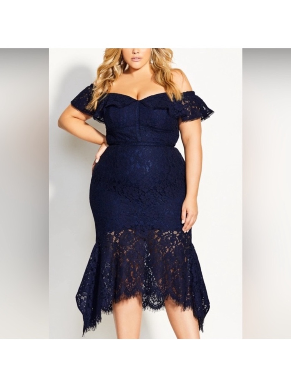 City Chic One-Shoulder Black Lace Midi Dress